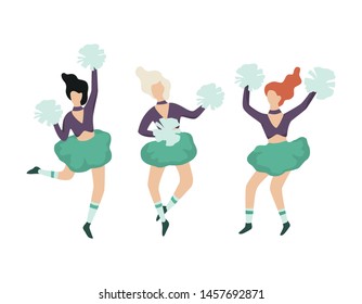 Cheerleader in the uniform set. Beautiful girl dancer jump and dance. Female character with pompon. Vector illustration in cartoon style