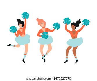 Cheerleader in the uniform set. Beautiful girl dancer jump and dance. Female character with pompon. Vector illustration in cartoon style