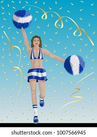??Uruguayan Cheerleader of Uruguay Fans.?� Cheerleader girl, confetti papers and background are in different layers.