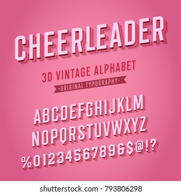 'Cheerleader' Vintage Retro 3D Pink Varsity College Alphabet. Original Athletic Department Typeface. Retro Typography. Vector Illustration.