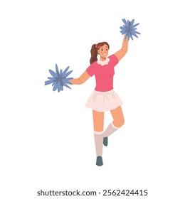 Cheerleader woman fan cheering for soccer team. Vector illustration in cartoon style of cheerful supporter on tournament or championship, girl in short skirt with pompons, excited lady