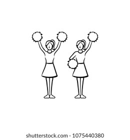 Cheerleader women with pom-pom hand drawn outline doodle icon. Girls cheer leaders vector sketch illustration for print, web, mobile and infographics isolated on white background.