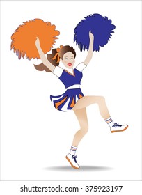 Cheerleader yelling a cheer while jumping and shaking pompoms