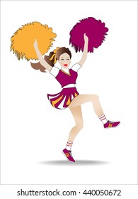 Cheerleader yelling a cheer while jumping and shaking pompoms