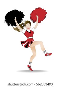 Cheerleader yelling a cheer while jumping and shaking pompoms