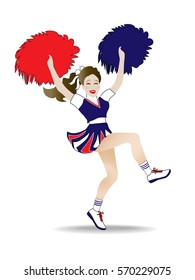 Cheerleader yelling a cheer while jumping and shaking pompoms