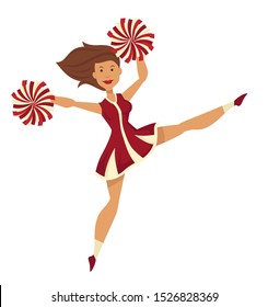 Cheerleader, young girl, brunette in red and beige uniform with pompoms dancing, jumping at sport event, cheering for team, encouraging, cheerleading activity concept, illustration on white background