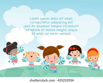 Cheerleaders, Cheerleader, Cheerleading Girl  Kids Playing Outside, Template For Advertising Brochure,your Text ,Cute Little Cheerleaders Children's, Kids And Frame,child And Frame,Vector Illustration