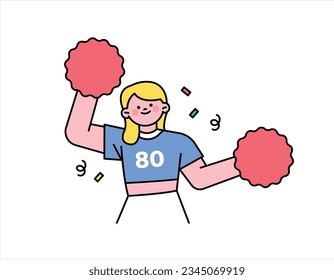 Cheerleaders are cheerleading with pom poms in their hands. Supporters cheering for a sports team. outline simple vector illustration.