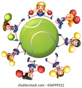 Cheerleaders dancing around tennis ball illustration