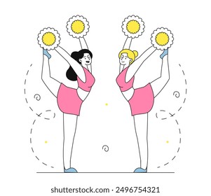 Cheerleaders dancing concept. Women in pink skirts with yellow pompoms in hands dance. Preparing for match and sporting event. Professional performance. Linear vector illustration