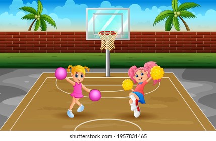 Cheerleaders dancing on basketball court