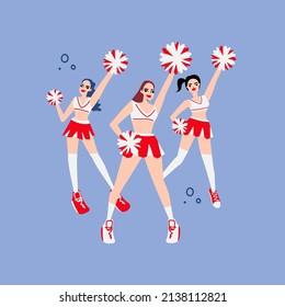 Cheerleaders flat hand drawn illustration. Athletic women in sportswear. Healthy lifestyle concept. T shirt print design.
