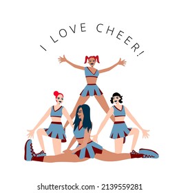 Cheerleaders flat hand drawn illustration. Athletic women in sportswear. Healthy lifestyle concept. 