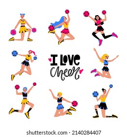 Cheerleaders flat hand drawn illustration. Athletic women in sportswear. Healthy lifestyle concept. 