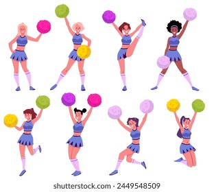 Cheerleaders girls characters who perform and dance with pom-poms in their hands, flat vector illustration isolated on white background. Cheerleaders squad personages.