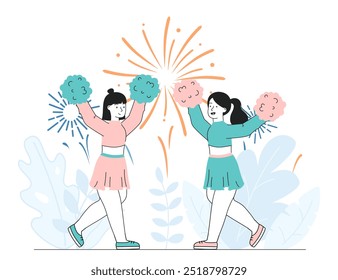 Cheerleaders girls concept. Girls with pink and green pompoms in hands dancing. Active lifestyle and sports. Support group for athletes at team competitions. Linear vector illustration