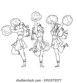 Cheerleaders Girls Dancing With Pompoms Black Line Pencil Drawing Vector. Cheerleaders Young Women Holding Pon-pon, Dance And Cheer Sport Team On Competition Together. Characters Cheering Illustration