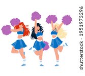 Cheerleaders Girls Dancing With Pompoms Vector. Cheerleaders Young Women Holding Pon-pon, Dance And Cheer Sport Team On Competition Together. Characters Cheering Flat Cartoon Illustration