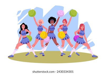 Cheerleaders group support sports teams, flat vector illustration isolated on white background. Cheerleaders female characters jumping and dancing with pom poms.