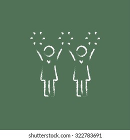Cheerleaders hand drawn in chalk on a blackboard vector white icon isolated on a green background.