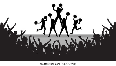 Cheerleaders on the scene and applauding crowd silhouette, vector illustration.