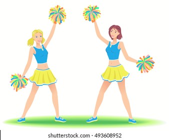 Cheerleaders with pom-poms. Girls support team dancing.