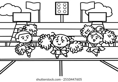 Cheerleaders at stadium hall doodle style cartoon