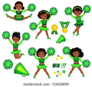 Cheerleaders team of girls .Cheerleading uniform green vector illustration.