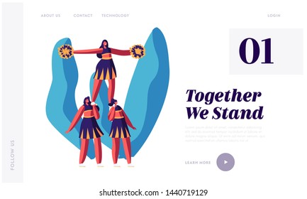 Cheerleaders Team Making Pyramid Website Landing Page, Sports Competition, Student Girls Characters Performing Dance to Support Sportsmen in College Web Page. Cartoon Flat Vector Illustration, Banner