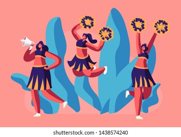 Cheerleaders Team in Uniform Dancing with Pompons Crying to Megaphone on Sport Event Competition Supporting Sportsmen. Student Girls Characters Performing on Stadium. Cartoon Flat Vector Illustration