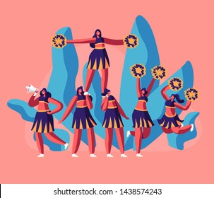 Cheerleaders Team in Uniform Making Pyramid on Football Stadium Event or Sports Competition. Student Girls Characters Performing Dance to Support Sportsmen in College. Cartoon Flat Vector Illustration