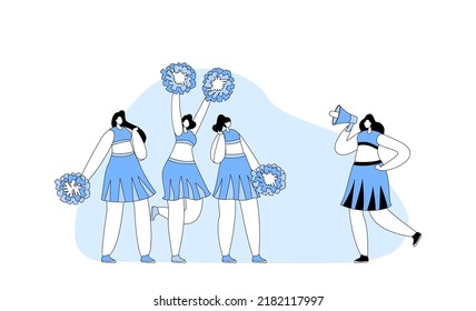 Cheerleaders Team In Uniform Perform On Football Stadium Event Or Sports Competition With Leader Yell To Megaphone. Student Girls Characters Dance To Support Sportsmen. Cartoon Vector Illustration