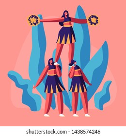 Cheerleaders Team in Uniform with Pompons in Hands Making Pyramid on College Sports Event or Competition. Student Girls Perform Dance to Support Sportsmen in College. Cartoon Flat Vector Illustration