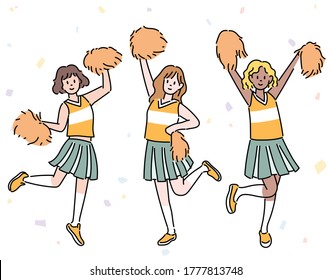 The cheerleaders are wearing uniforms and cheering with form foams. hand drawn style vector design illustrations. 