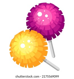 Cheerleaders yellow and purple pom poms on stick vector illustration. Cheering fluffy dancer equipment for sports competition break isolated. Recreational dancing activity shaking jumping action