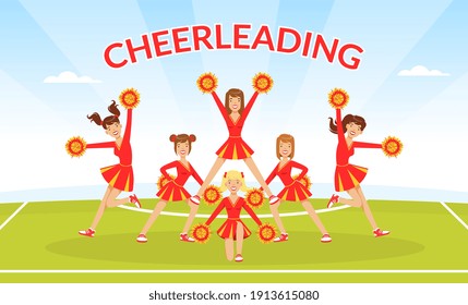 Cheerleading Banner Template, Team of Girls Dancing Together with Pom Poms, Fans Girls in Red Uniform Performing on Football Stadium Outdoors Vector Illustration