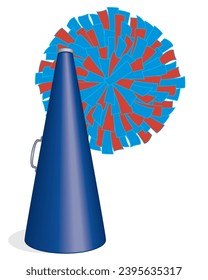 cheerleading, blue megaphone and pom-pom isolated on a white background