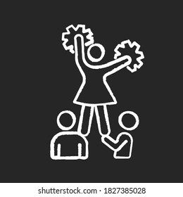 Cheerleading chalk white icon on black background. Cheerleaders doing stunts. University life and activities. Sport teams encouragement and motivation. Isolated vector chalkboard illustration