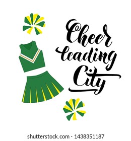 Cheerleading City lettering text. Vector illustration for banner, promotion, signboard, poster, advertising. Sport college team.  Handdrawn pom pom and cheerleading uniform.