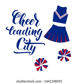 Cheerleading City lettering text. Vector illustration for banner, promotion, signboard, poster, advertising. Sport college team. Handdrawn pom pom and cheerleading uniform.