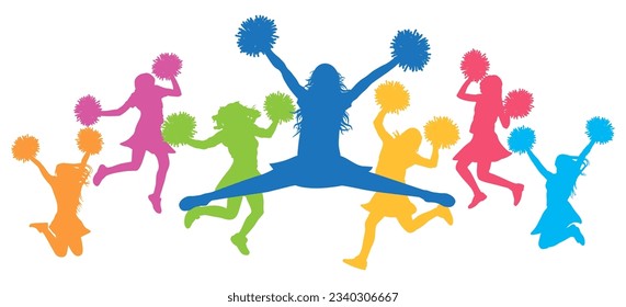 Cheerleading. Color silhouettes of jumping girls with pompoms, cheerleaders. Vector illustration