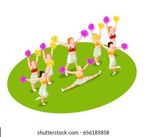 Cheerleading dancers with colorful pompons performing on green floor 3d isometric vector illustration