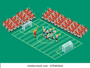 Cheerleading dancers supporting football teams on field 3d isometric vector illustration