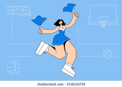 Cheerleading, dancing, cheer sport concept. Young beautiful smiling girl cheerleader cartoon character in blue costume dancing moving with pompoms and jumping during performance on basketball game