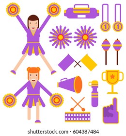 Cheerleading elements and cheerleader girls performance garment accessories. Vector flat icons of flags, pom-poms, thumb up sign or fan foam finger, champion medals and cup award and horn