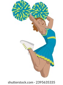 cheerleading female cheerleader jumping high in the air holding pom-poms isolated on a white background