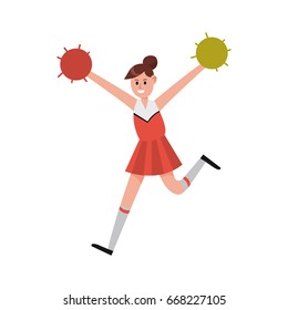 Cheerleading girl dancing with pompoms to support her team cartoon character vector Illustration