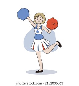 Cheerleading girl with pom pom. flat vector cartoon character illustration.