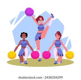 Cheerleading girls squad performing. Cheerful sporty ladies dancing with pompoms in hands. Acrobatic exercises, jumping, splits. Sport fan team perform warm up. Vector cartoon illustration